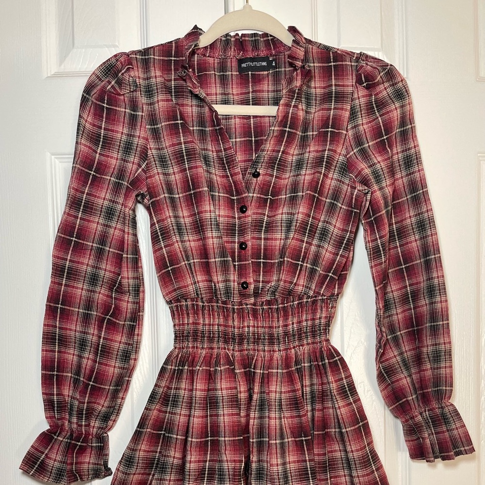 Red Check Print Shirred Waist Shirt Dress